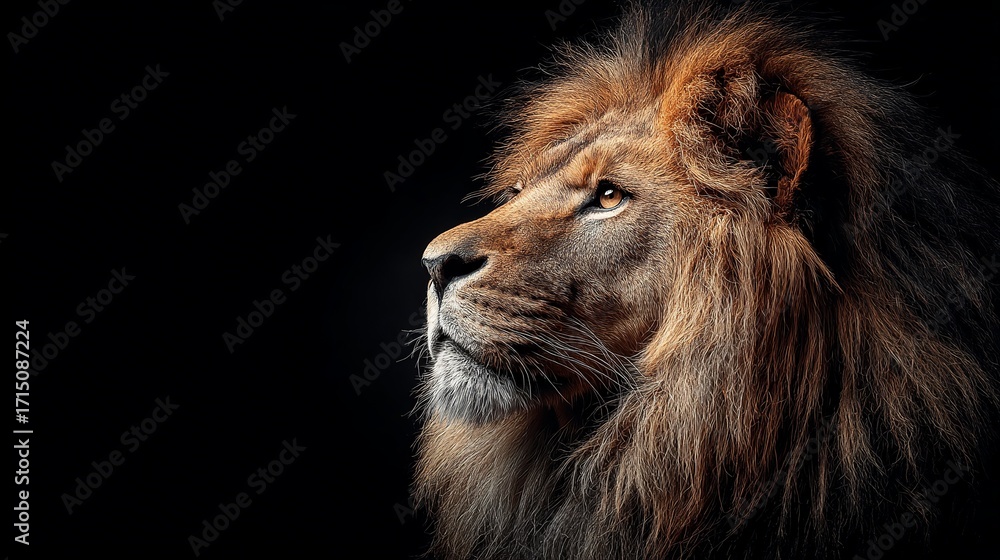 Fototapeta premium Majestic lion's noble profile captures raw power and untamed spirit against a dark background