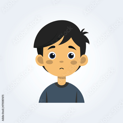 A cartoon character illustration of a boy has a confused face with black hair