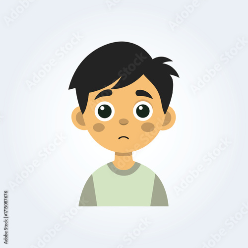A cartoon character illustration of a boy has a confused face with a grey shirt