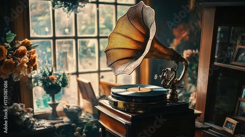 Vintage gramophone in a sunlit room.