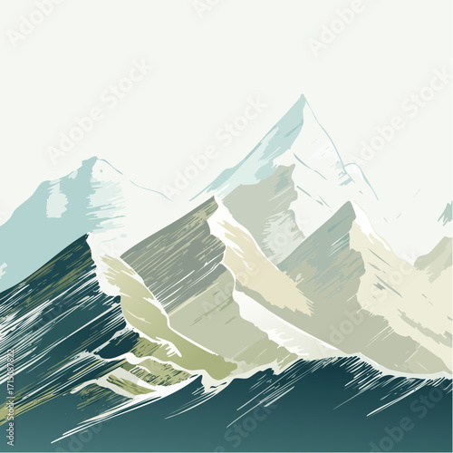 misty dawn mountain range charcoal sketch with teal acrylic highlights for tranquil grandeur