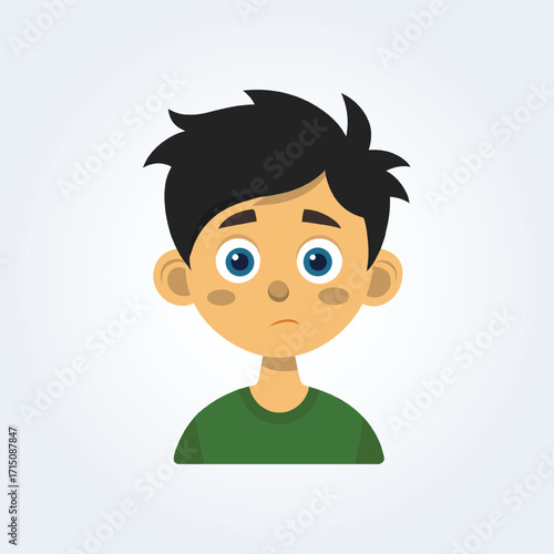 A cartoon character illustration of a boy has a confused face with a green shirt