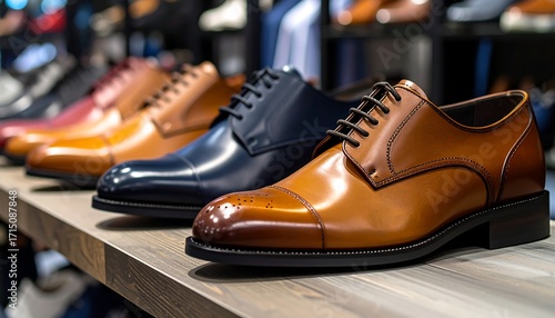 Polished Leather Oxfords: Brown, Blue, and Burgundy Men's Dress Shoes on Display