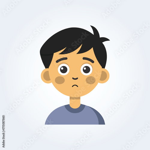 A cartoon character illustration of a boy has a confused face with a blue shirt