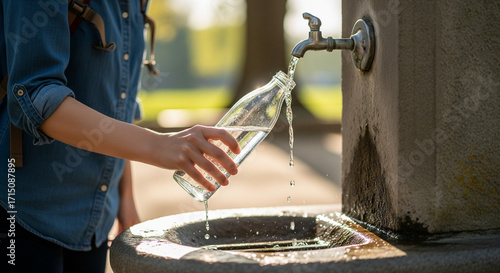 Fresh water filling glass bottle at outdoor fountain on sunny day, hydration concept