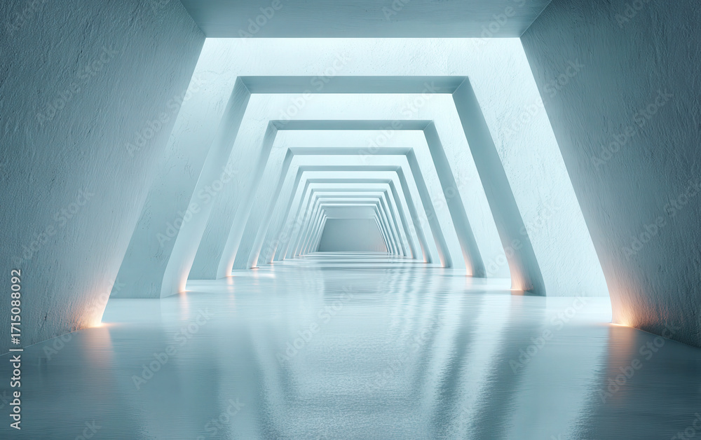 Obraz premium Long and Narrow Corridor with Geometric Shapes and Soft Lighting