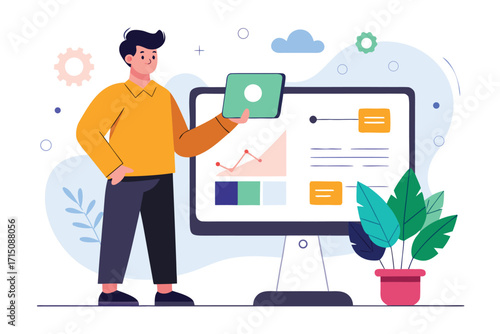 Man presenting data on a large computer screen with charts and graphs vector illustration
