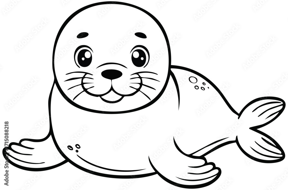 Obraz premium Cute seal cartoon illustration, baby sea animal drawing for kids, adorable ocean wildlife character, aquatic coloring page design for children, marine zoo art