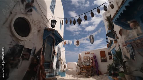 Mediterranean street scene with white buildings, blue accents, and marketplace