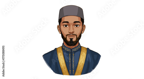 Muslim Man Wearing Traditional Clothing and Kufi Hat Isolated on White Background