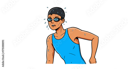 Young swimmer in blue racing swimsuit goggles and cap sweating after intense competition