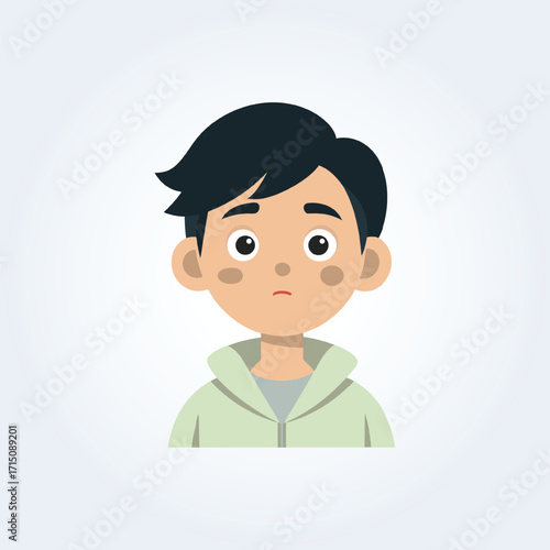 A cartoon character illustration of a boy has a confused face with a colored hoodie