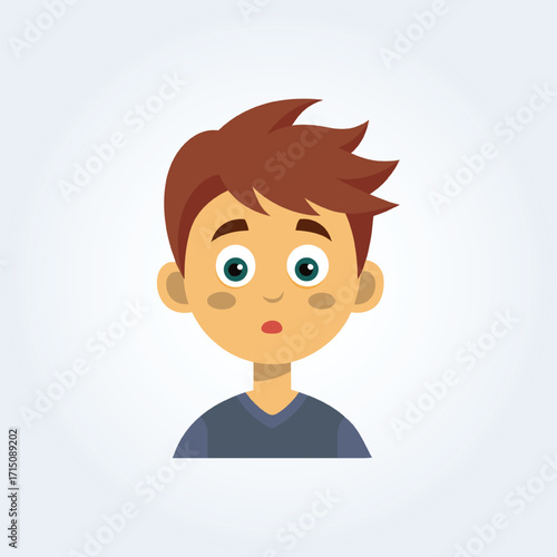 A cartoon character illustration of a boy has a confused face with a navy blue shirt