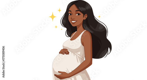 Beautiful pregnant woman with long dark hair touching her belly a symbol of maternity and new life