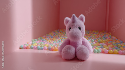 Soft plush unicorn toy sitting on a colorful ball pit in a pink room with pastel shades and a whimsical atmosphere ideal for children's playtime or nursery decor.