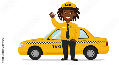 Smiling Black Man Taxi Driver Wearing Yellow Uniform and Cap Waving Hello Isolated on White Background