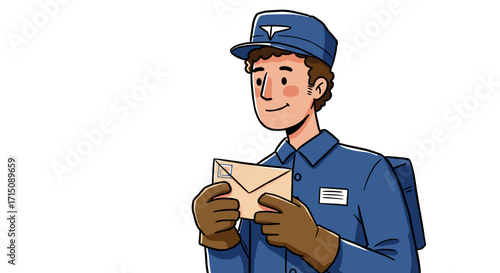 Friendly cartoon postman holding a letter with a smile isolated on white background
