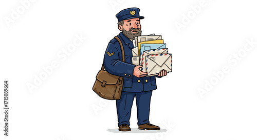 Friendly cartoon mailman wearing a blue uniform and cap carrying a stack of letters and a brown messenger bag isolated on white background