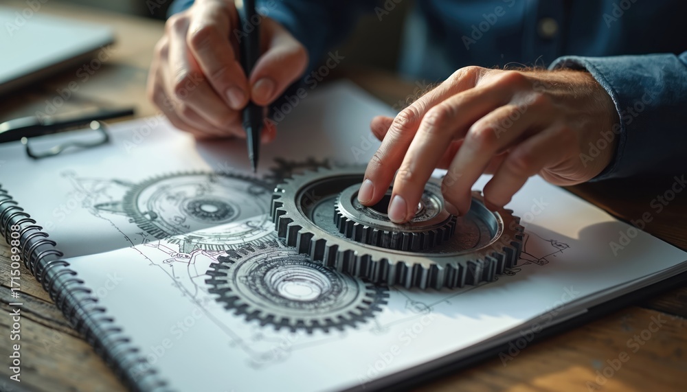 Obraz premium Man hands draft cogwheel mechanism on notepad. Blueprint shows gears for operational excellence, optimized productivity, goal attainment. Business, engineering, planning, work process.