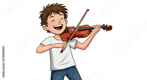 Joyful young boy playing the violin with enthusiasm isolated on white background