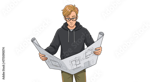 Young man with glasses looking at architectural blueprints isolated on white background