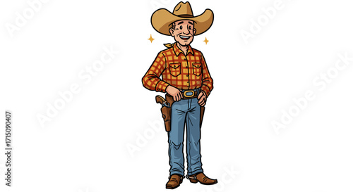 Happy Cartoon Cowboy Standing Proudly Isolated on White Background Smiling and Wearing a Hat