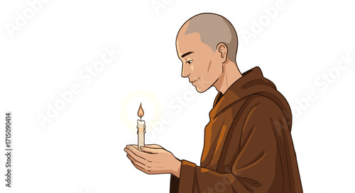 Monk Holding a Lit Candle Isolated on White Background Peaceful Spiritual Enlightenment Concept