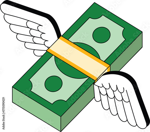 Flying money, financial loss, cartoon cash, disappearing wealth, economic metaphor, budget drain, money wings, spending concept, finance illustration
