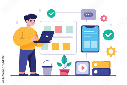 Person with laptop managing digital projects and data with mobile phone and files male student