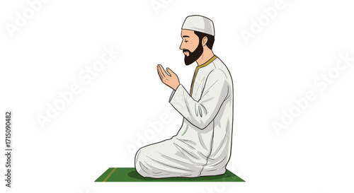 Muslim man wearing white traditional clothing and skullcap praying on green mat isolated on white background