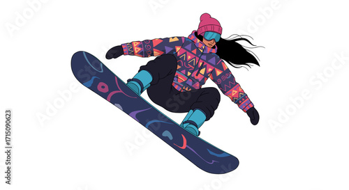 Young Woman Snowboarder Performing Trick Action Jump Mid Air Isolated On White Background Dynamic Sport Lifestyle