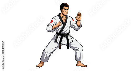 Martial arts fighter in white gi with black belt in defensive karate stance isolated on white background
