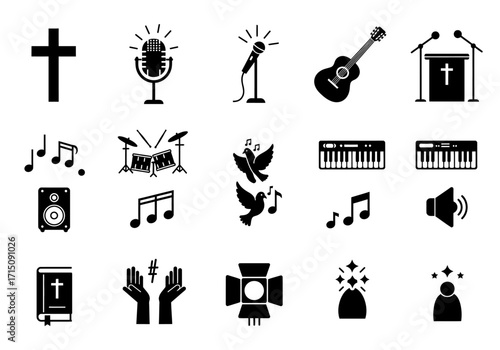 Musical Worship Icons Cross, Microphone, Guitar, and More - Black Silhouette Symbols for Church