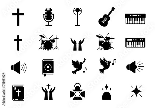 Musical Worship Icons Cross, Microphone, Stage Lamp, Guitar, and Keyboard Symbolizing Spiritual Celebration