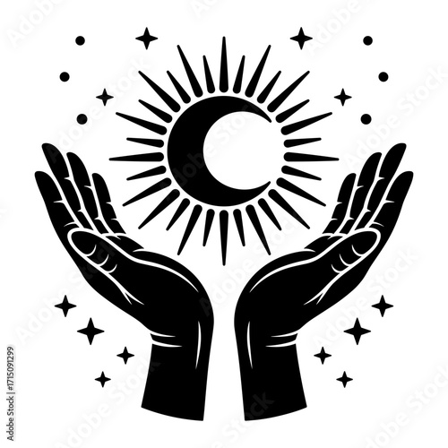 Mystical Hands With Sun, Moon and Stars