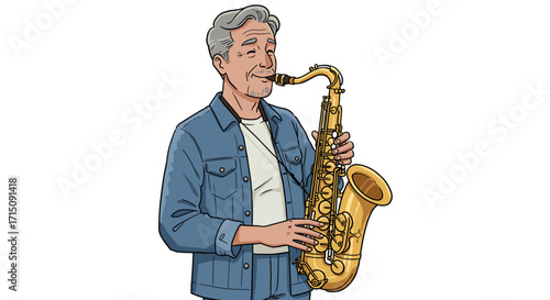 Elderly man happily playing golden saxophone jazz music isolated on white background