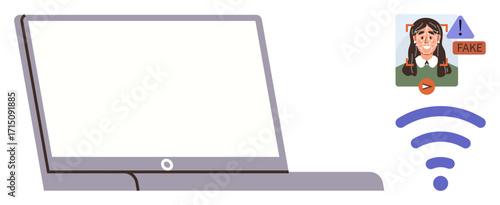 Open laptop, fake content alert, female profile warning, and wireless signal emphasize online misinformation. Ideal for cybersecurity, education, technology, media, digital literacy communication