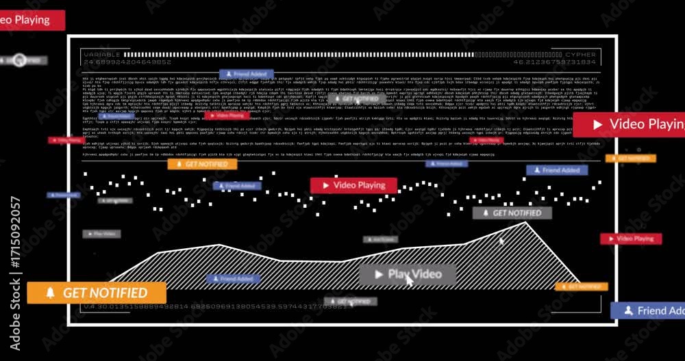 UI scrolling code, dots flickering sliding tags, pulsing graph on ...