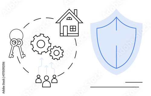 Keys, house, gears, and a shield symbolize property security, teamwork, and system efficiency. Ideal for real estate, home protection, insurance teamwork data security collaboration simple flat