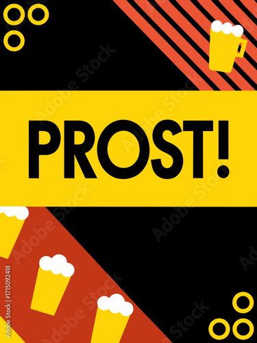 Colorful graphic design featuring the word 'Prost!' with beer mugs and festive elements, celebrating a joyful atmosphere of camaraderie and celebration during festive gatherings