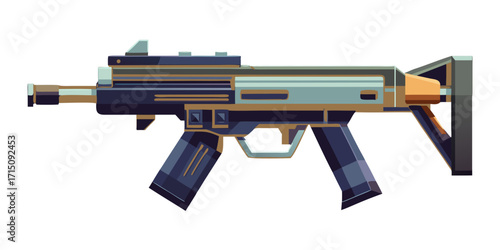 Isometric vector illustration of a submachine gun featuring a clean geometric design, modern aesthetics, and vibrant colors, ideal for digital art and graphic design projects