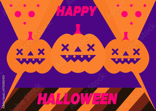 Colorful Halloween illustration featuring three playful pumpkins with quirky expressions, vibrant background elements, and bold text celebrating the festive spirit of Halloween