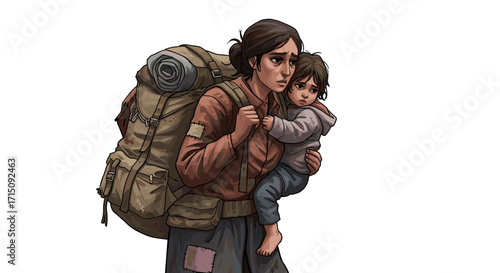 Mother carrying child seeking refuge with large backpack showing resilience and hope
