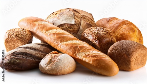Assortment Of Various Sizes Of Traditional Bread Loaves Baguettes And Buns Isolated On White Background