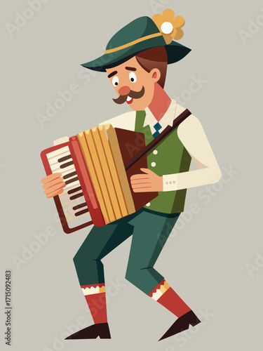 Male musician in traditional attire playing accordion, showcasing vibrant colors and festive atmosphere, embodying cultural celebration and joy during festive events