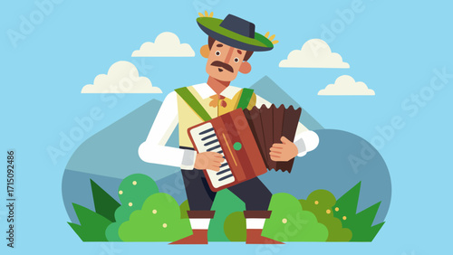 Accordion player in traditional attire stands amidst lush greenery and mountains, showcasing vibrant cultural heritage and festive spirit in a lively outdoor setting