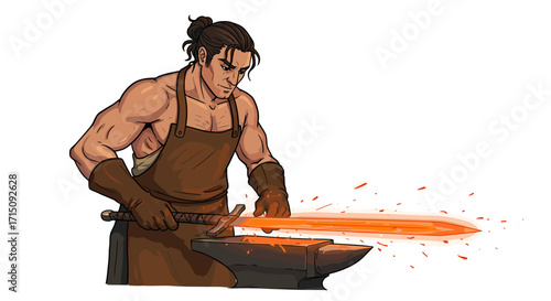 Skilled blacksmith forging a glowing sword on an anvil with sparks flying isolated on white background