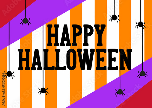 Colorful Halloween illustration featuring bold text saying Happy Halloween, with playful spider graphics and vibrant striped background creating a festive atmosphere for seasonal celebrations