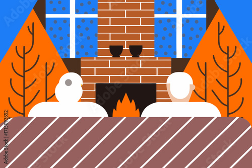 Two elderly individuals relaxing by a cozy fireplace, surrounded by autumn trees and warm colors, enjoying a peaceful moment together in a comfortable indoor setting