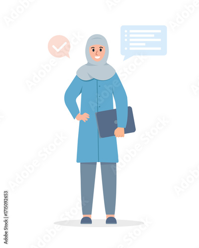 Arab Businesswoman in traditional Islamic clothing at work. Female arabic office worker character. Vector character illustration on white background.